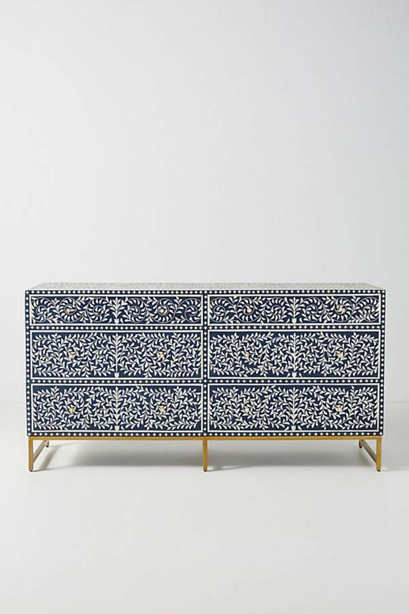 Bone Inlay Chest of 6 Drawers Floral Design in Indigo Blue Color