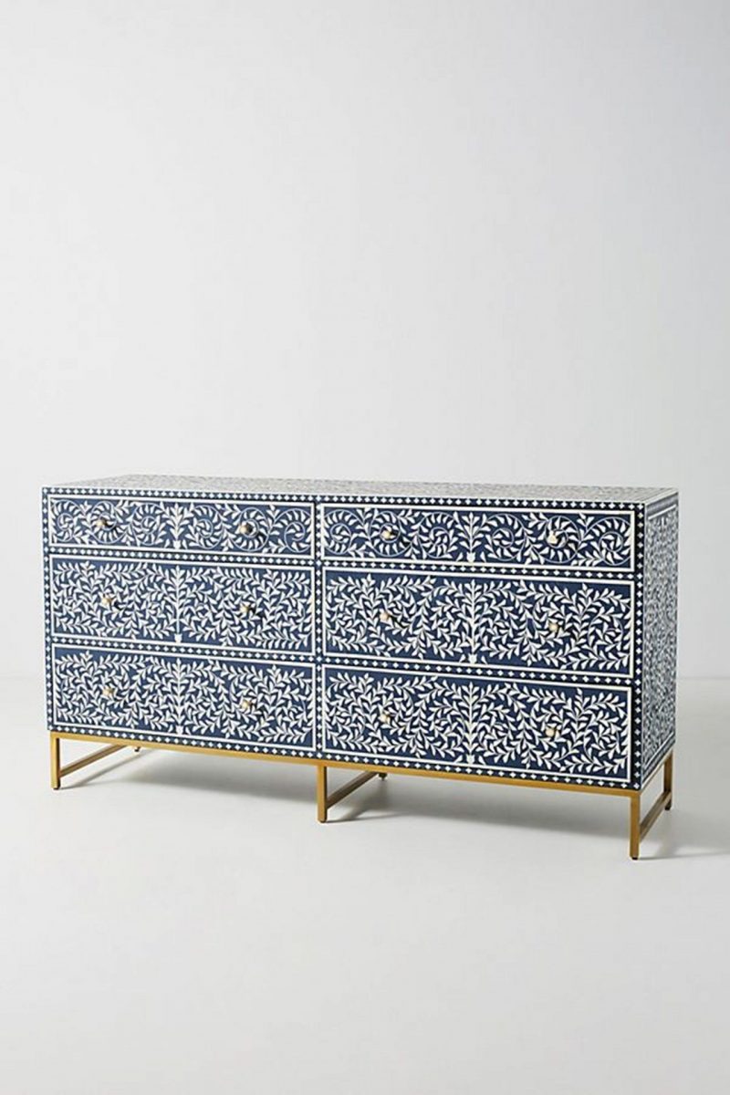 Bone Inlay Chest of 6 Drawers Floral Design in Indigo Blue Color - Image 3