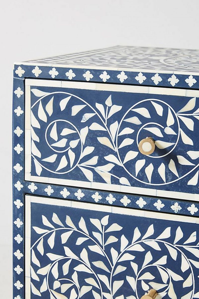 Bone Inlay Chest of 6 Drawers Floral Design in Indigo Blue Color - Image 4