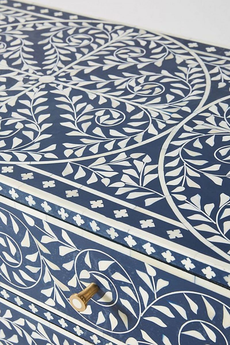 Bone Inlay Chest of 6 Drawers Floral Design in Indigo Blue Color - Image 5