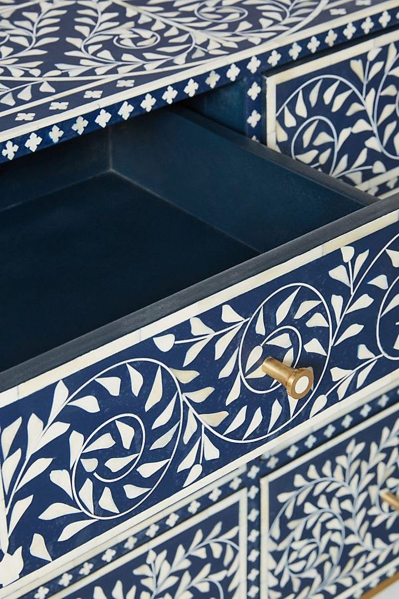Bone Inlay Chest of 6 Drawers Floral Design in Indigo Blue Color - Image 6