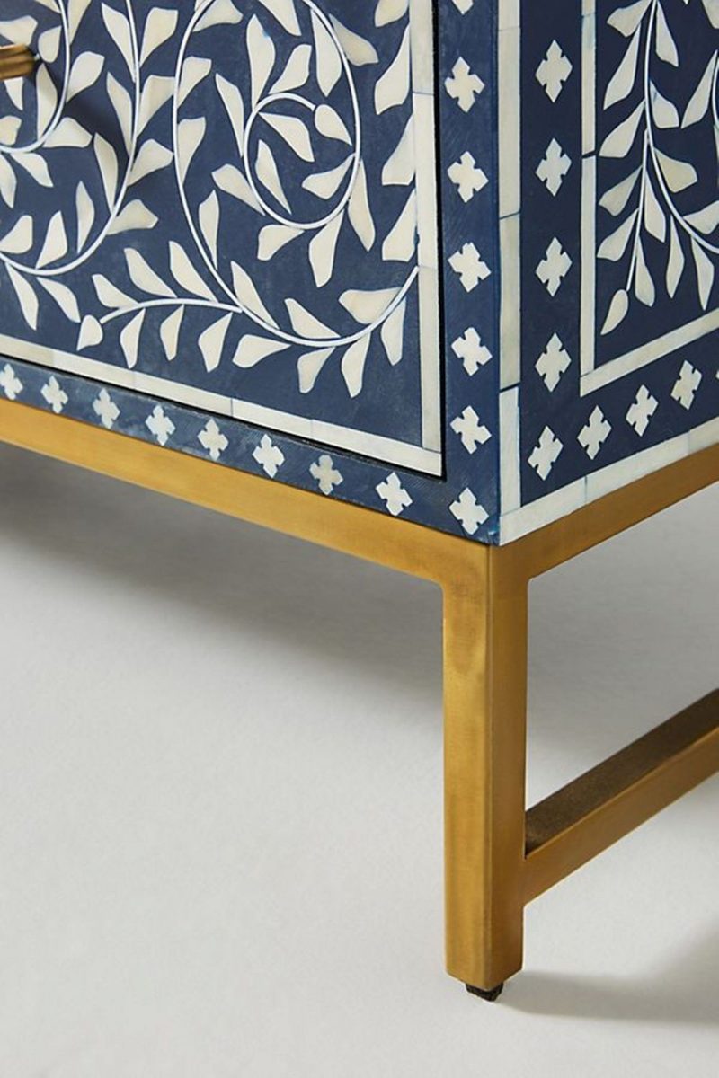 Bone Inlay Chest of 6 Drawers Floral Design in Indigo Blue Color - Image 7