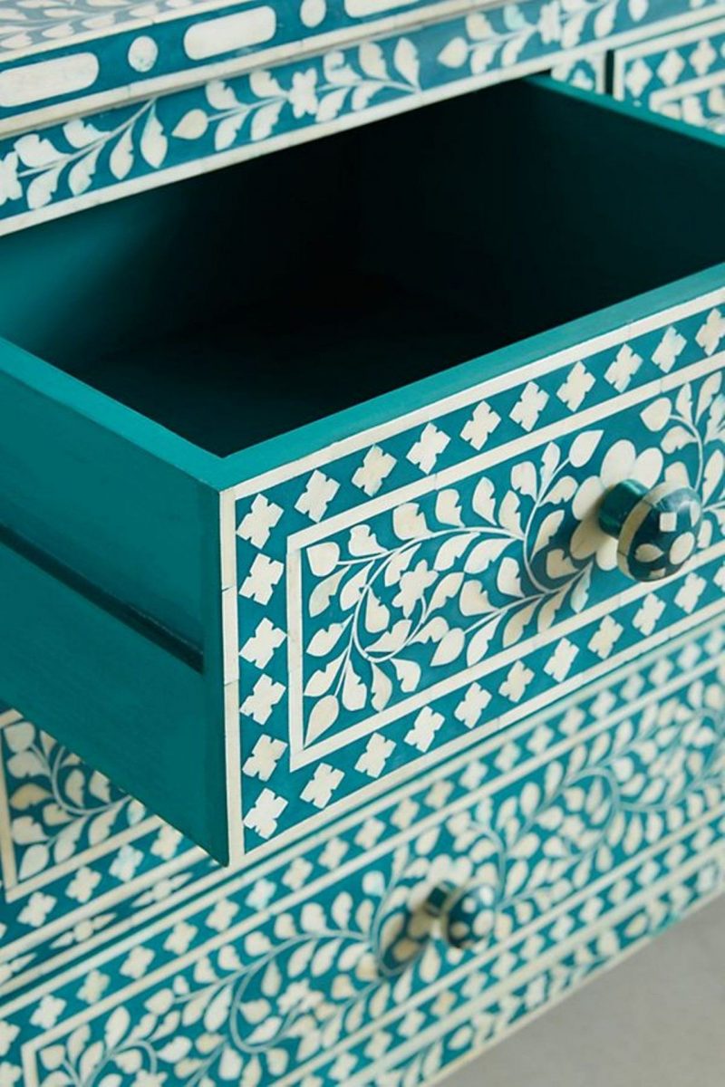 Bone Inlay Chest of 7 Drawers Floral Design in Teal Green Color - Image 6