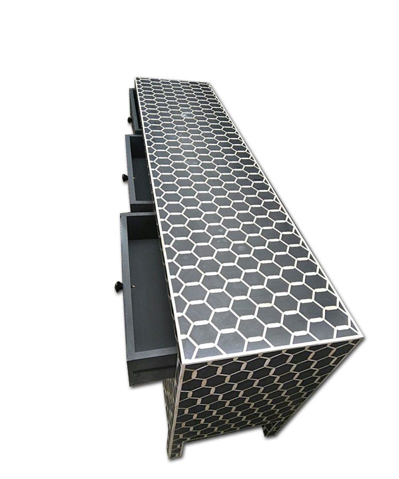 Bone Inlay Chest of 9 Drawers Honeycomb Design in Black Col - Image 7