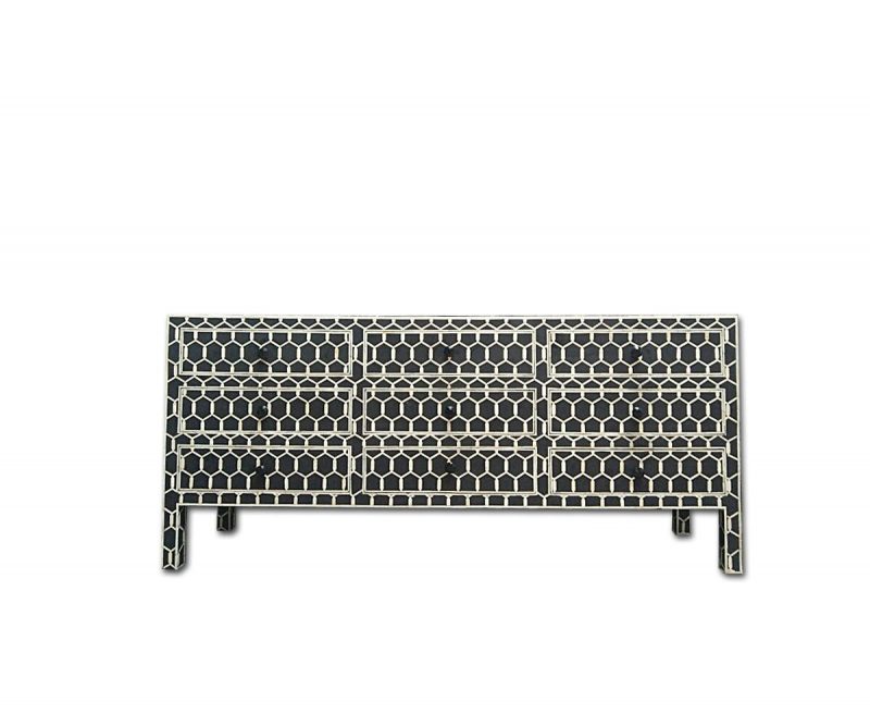 Bone Inlay Chest of 9 Drawers Honeycomb Design in Black Col