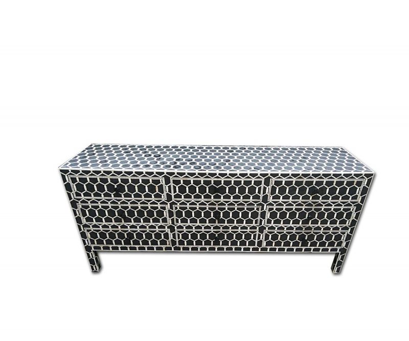 Bone Inlay Chest of 9 Drawers Honeycomb Design in Black Col - Image 8