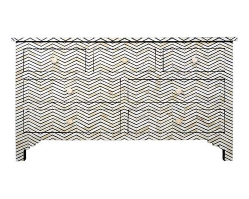 Bone Inlay Chest of 7 Drawers Chevron Design in Grey Color