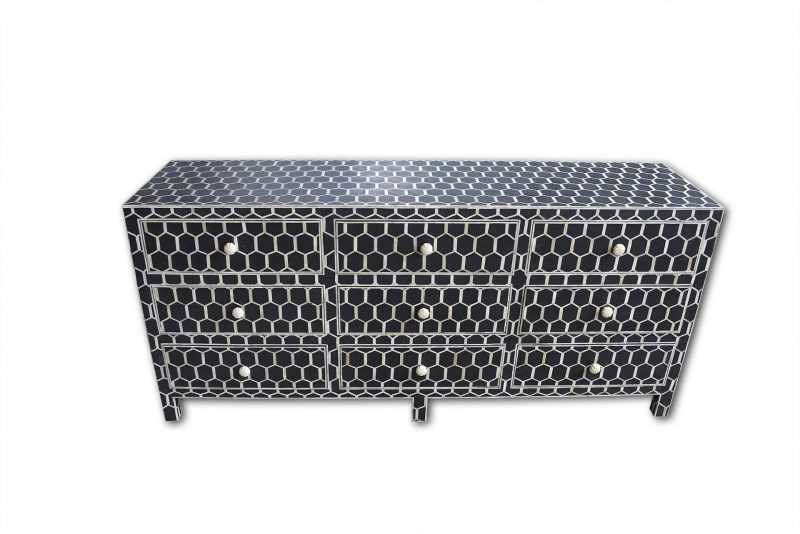 Bone Inlay Chest of 9 Drawers Honeycomb Design in Black Col - Image 3