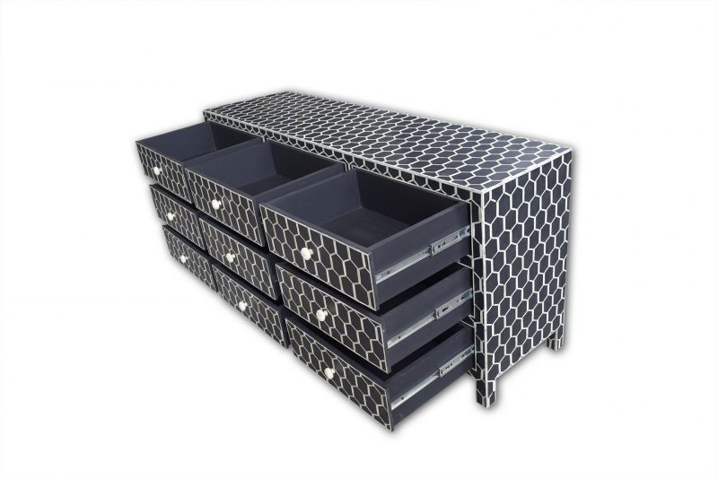 Bone Inlay Chest of 9 Drawers Honeycomb Design in Black Col - Image 6