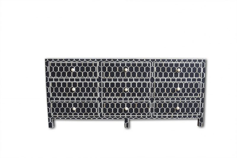Bone Inlay Chest of 9 Drawers Honeycomb Design in Black Col - Image 5