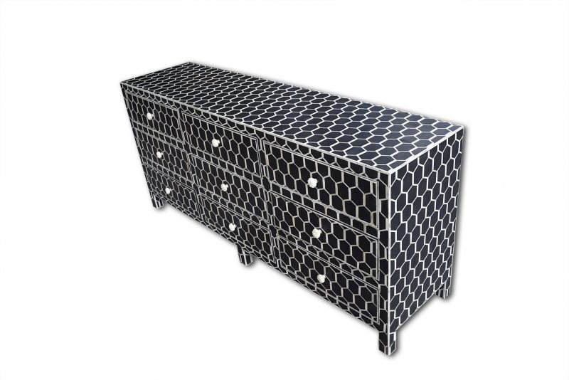 Bone Inlay Chest of 9 Drawers Honeycomb Design in Black Col - Image 4