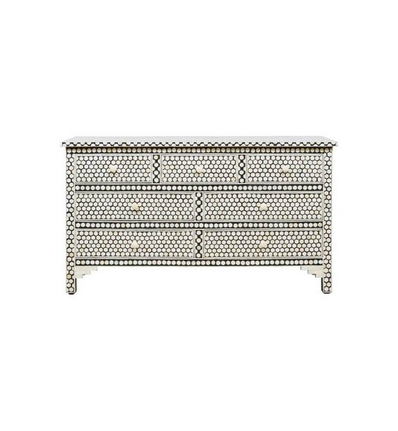 Bone Inlay Chest of 7 Drawers Hexagonal Design in Black Color
