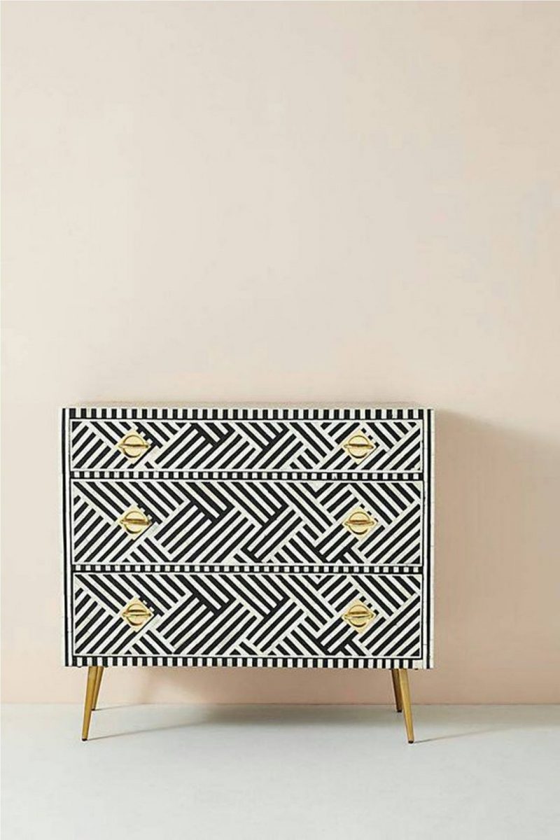 Bone Inlay Chest of 3 Drawers Stripe Line Design in Black Color
