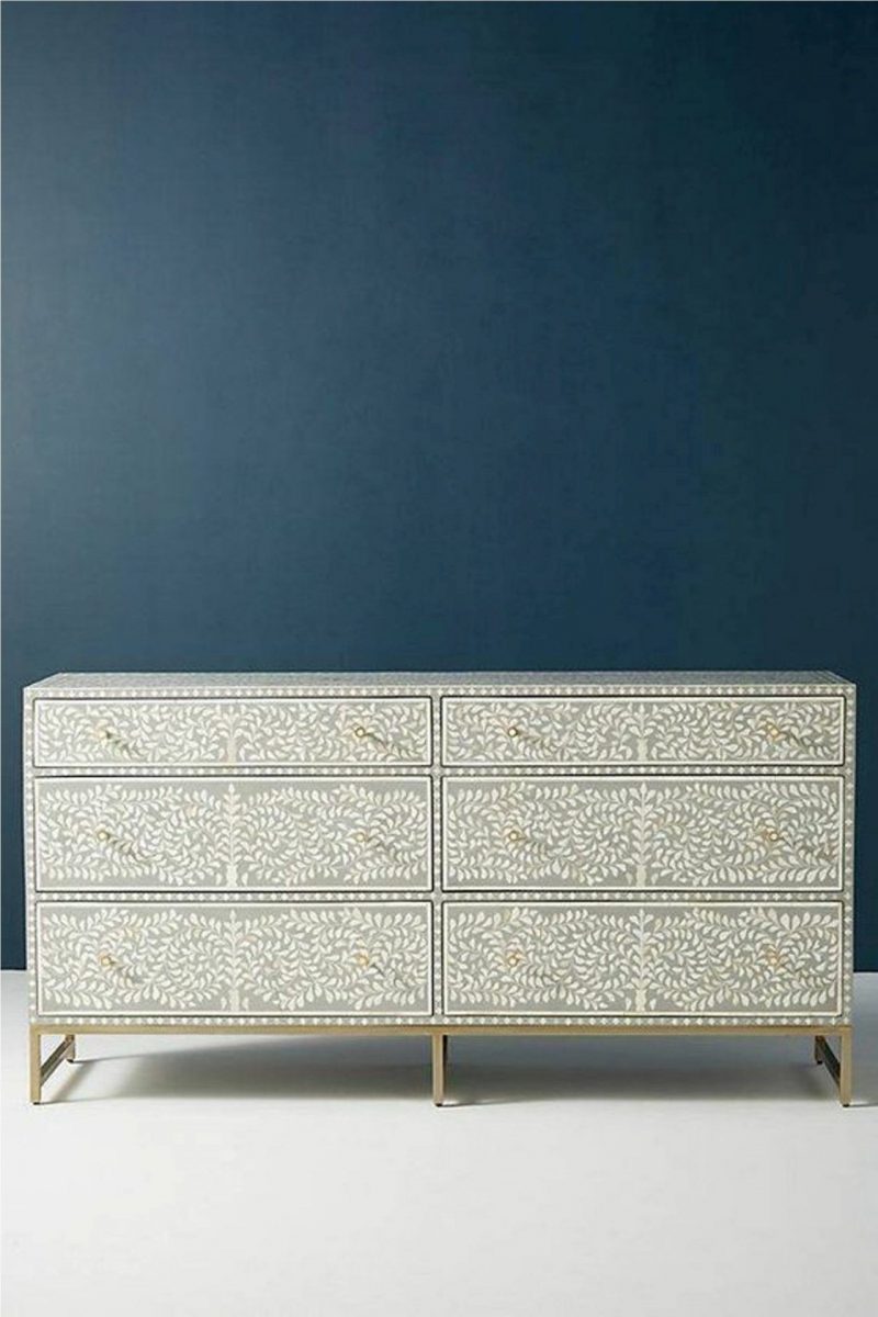 Bone Inlay Chest of 6 Drawers Floral Design in Grey Color