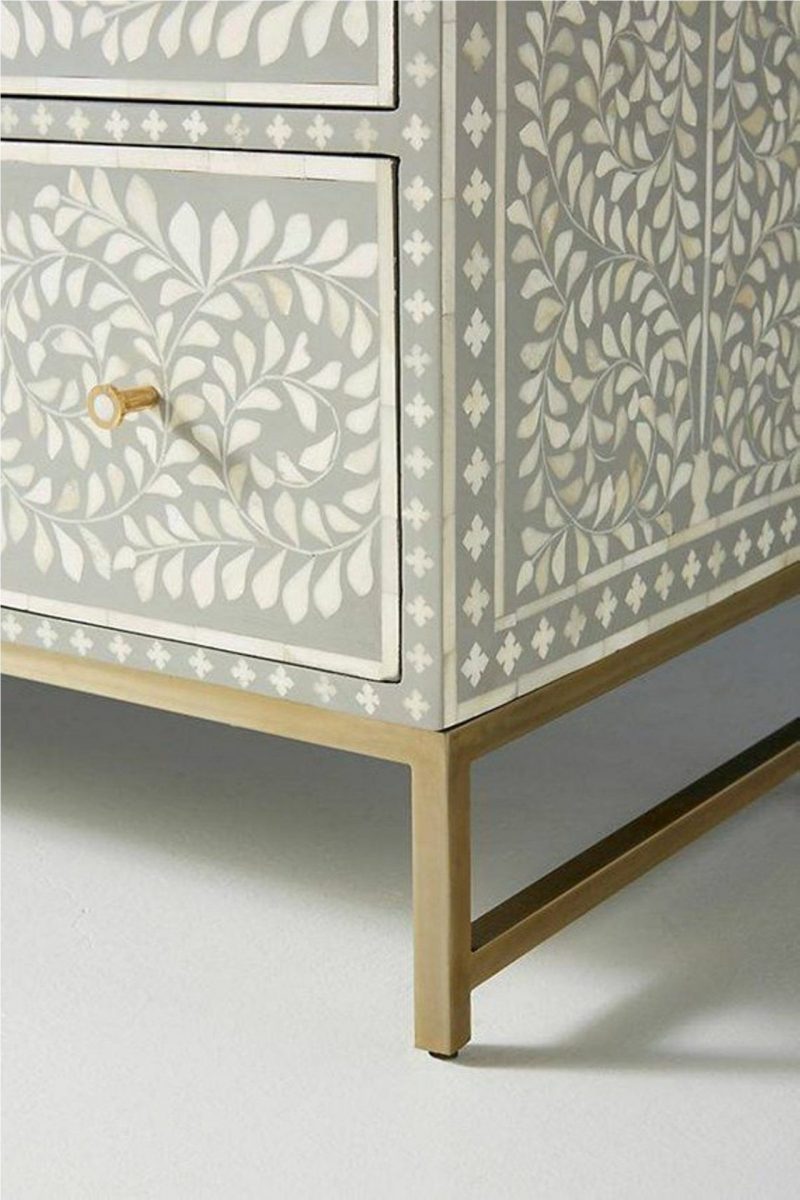 Bone Inlay Chest of 6 Drawers Floral Design in Grey Color - Image 4