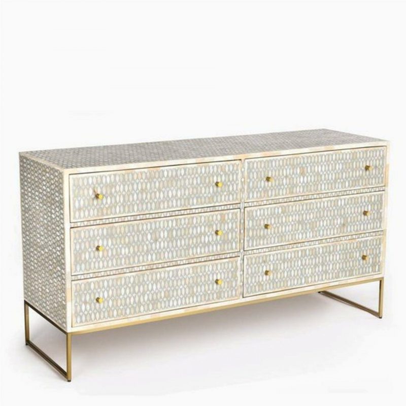 Bone Inlay Chest of 6 Drawers Geometric Design in Grey Color