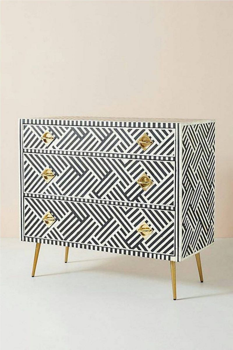 Bone Inlay Chest of 3 Drawers Stripe Line Design in Black Color - Image 4