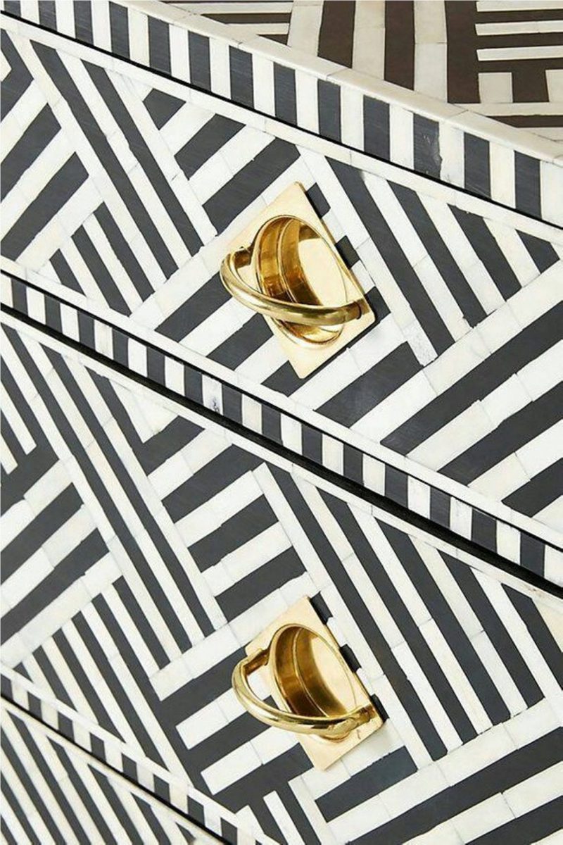 Bone Inlay Chest of 3 Drawers Stripe Line Design in Black Color - Image 5