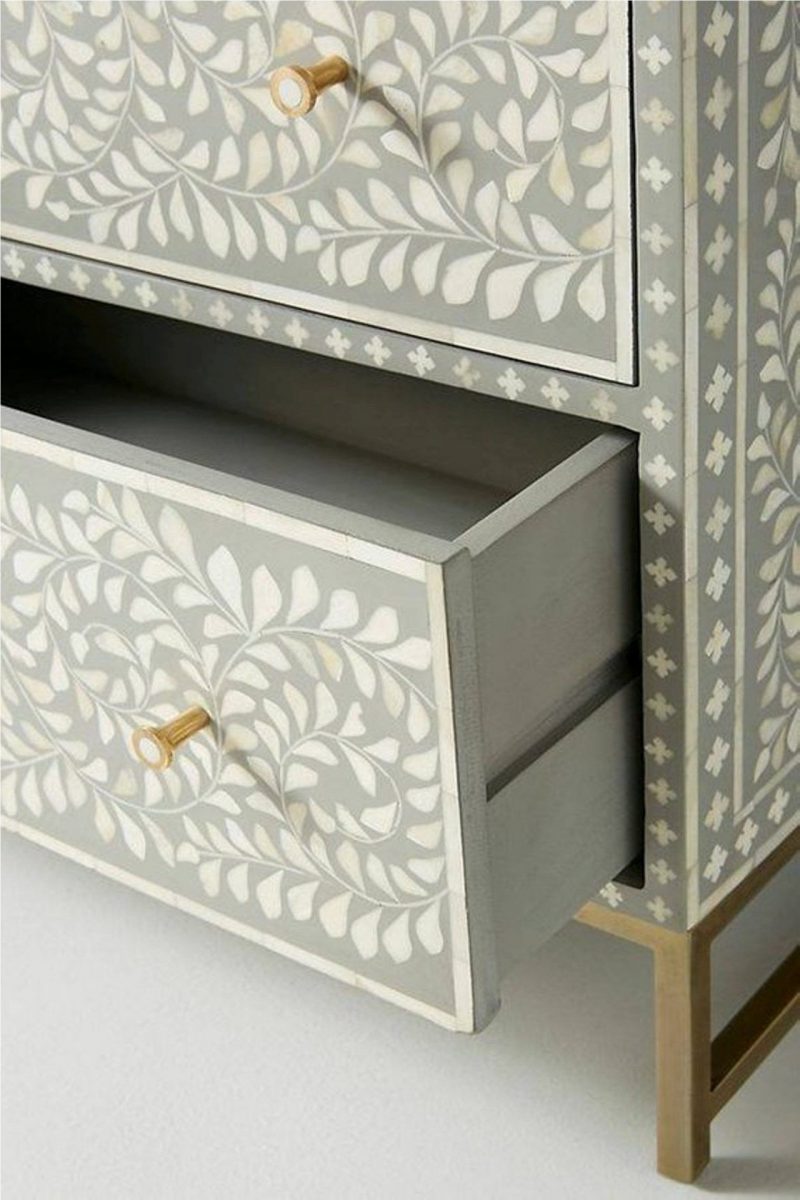 Bone Inlay Chest of 6 Drawers Floral Design in Grey Color - Image 5