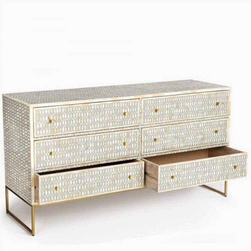 Bone Inlay Chest of 6 Drawers Geometric Design in Grey Color - Image 3