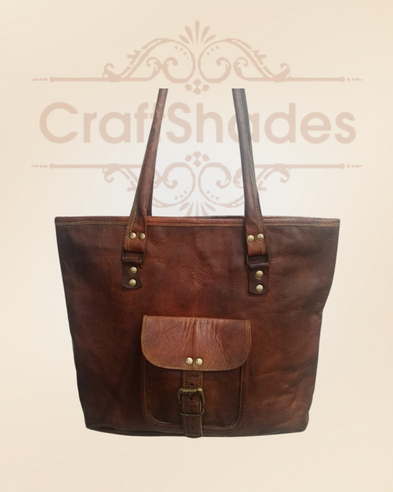Craftshades – 16 inch Handcrafted Leather Women’s with pocket Tote Bag | 100% Genuine Leather - Image 2