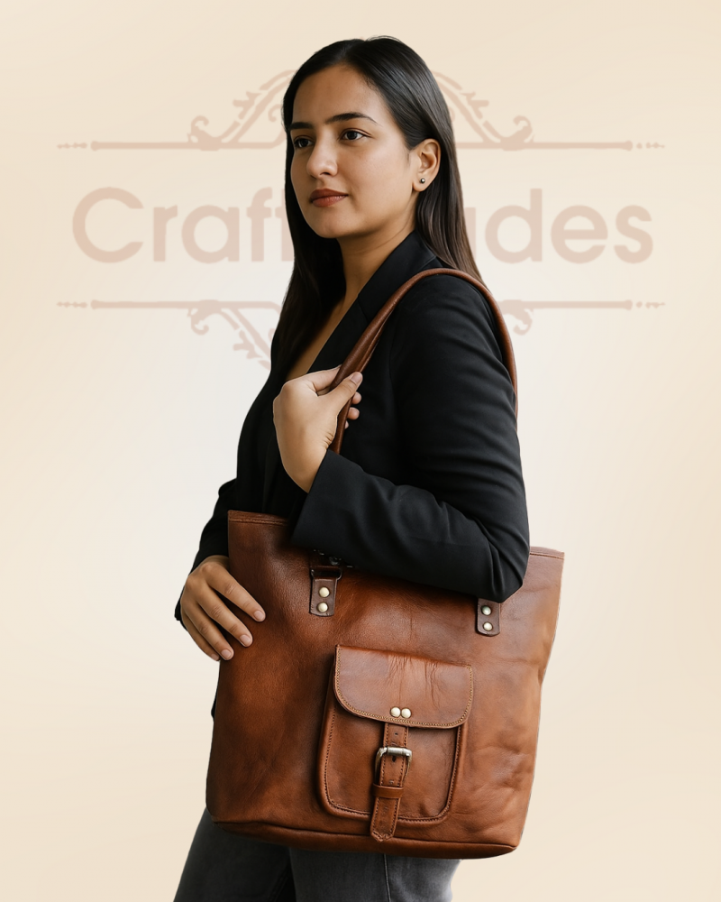 Craftshades – 16 inch Handcrafted Leather Women’s with pocket Tote Bag | 100% Genuine Leather - Image 3