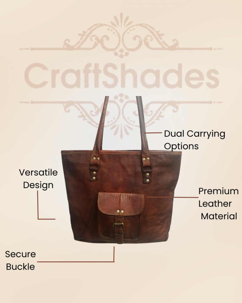 Craftshades – 16 inch Handcrafted Leather Women’s with pocket Tote Bag | 100% Genuine Leather - Image 4