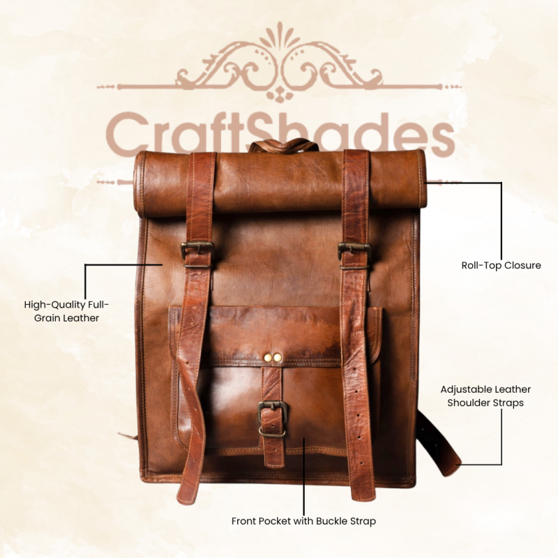 Craftshades - 12 x 16 x 20 Inch 100% Genuine Roll Leather Shoulder Backpack | Unisex - Image 2
