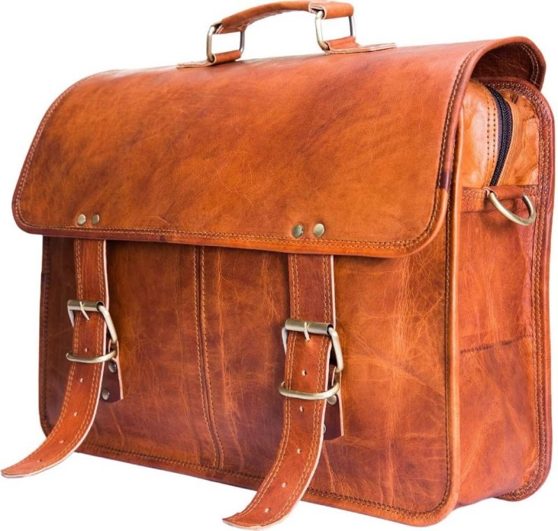 Craftshades – 15 Inch Double Strip Handcrafted Messenger Goat Leather Bag (Brown) | 100% Genuine Leather