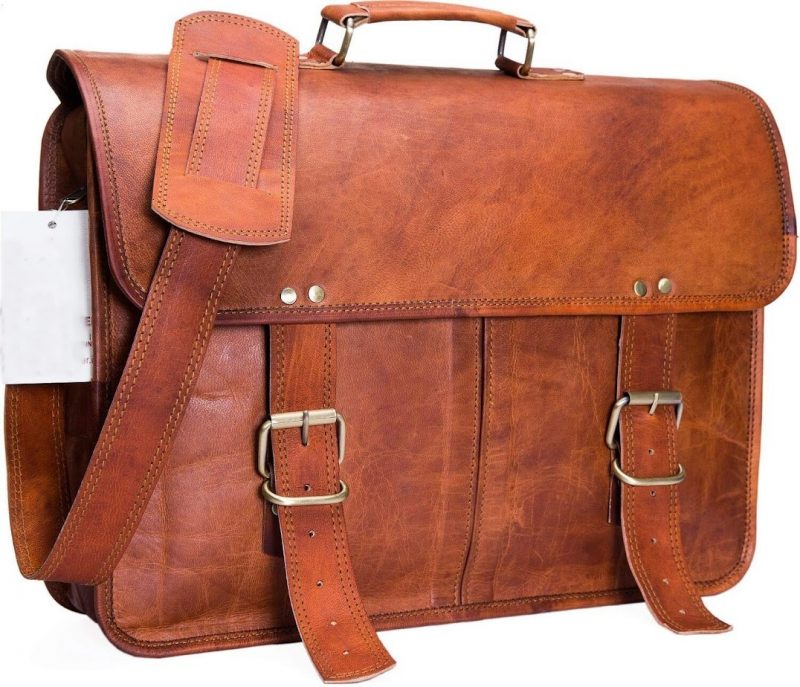 Craftshades – 15 Inch Double Strip Handcrafted Messenger Goat Leather Bag (Brown) | 100% Genuine Leather - Image 2