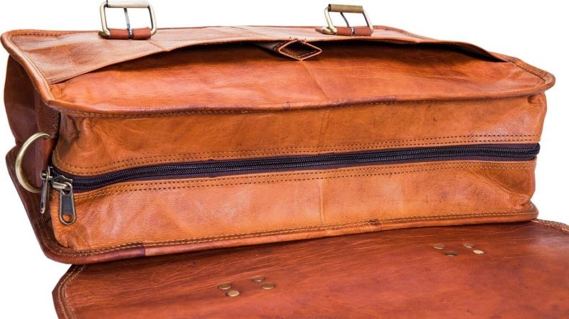 Craftshades – 15 Inch Double Strip Handcrafted Messenger Goat Leather Bag (Brown) | 100% Genuine Leather - Image 3
