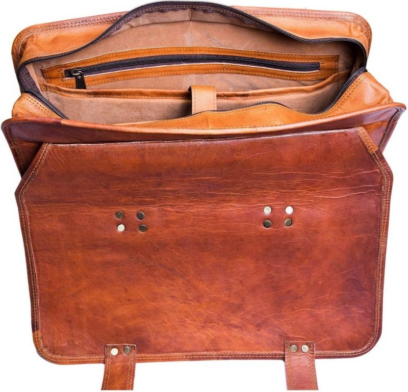 Craftshades – 15 Inch Double Strip Handcrafted Messenger Goat Leather Bag (Brown) | 100% Genuine Leather - Image 5