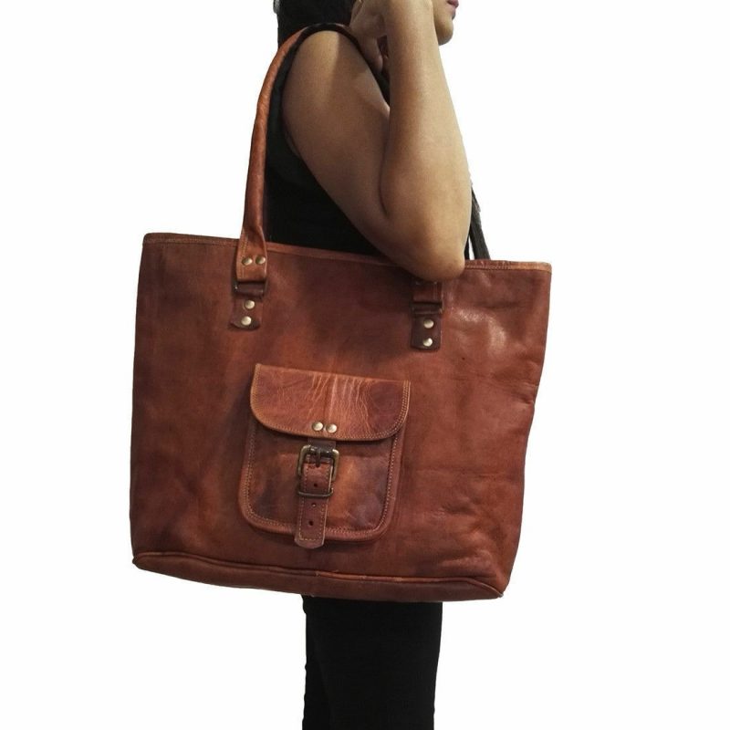 Craftshades – 16 inch Handcrafted Leather Women’s with pocket Tote Bag | 100% Genuine Leather - Image 2