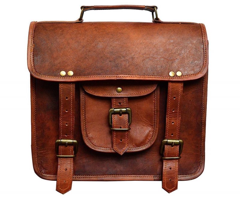 Craftshades – 13 Inch Single Pocket Double Strip Handcrafted Satchel Goat Leather Bag | 100% Genuine Leather