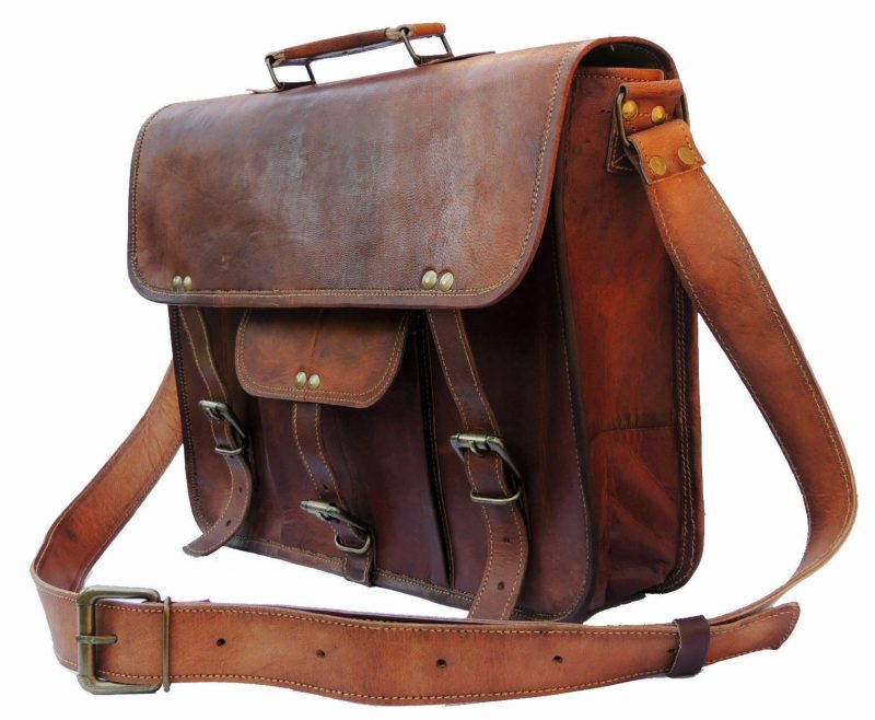 Craftshades – 13 Inch Single Pocket Double Strip Handcrafted Satchel Goat Leather Bag | 100% Genuine Leather - Image 3