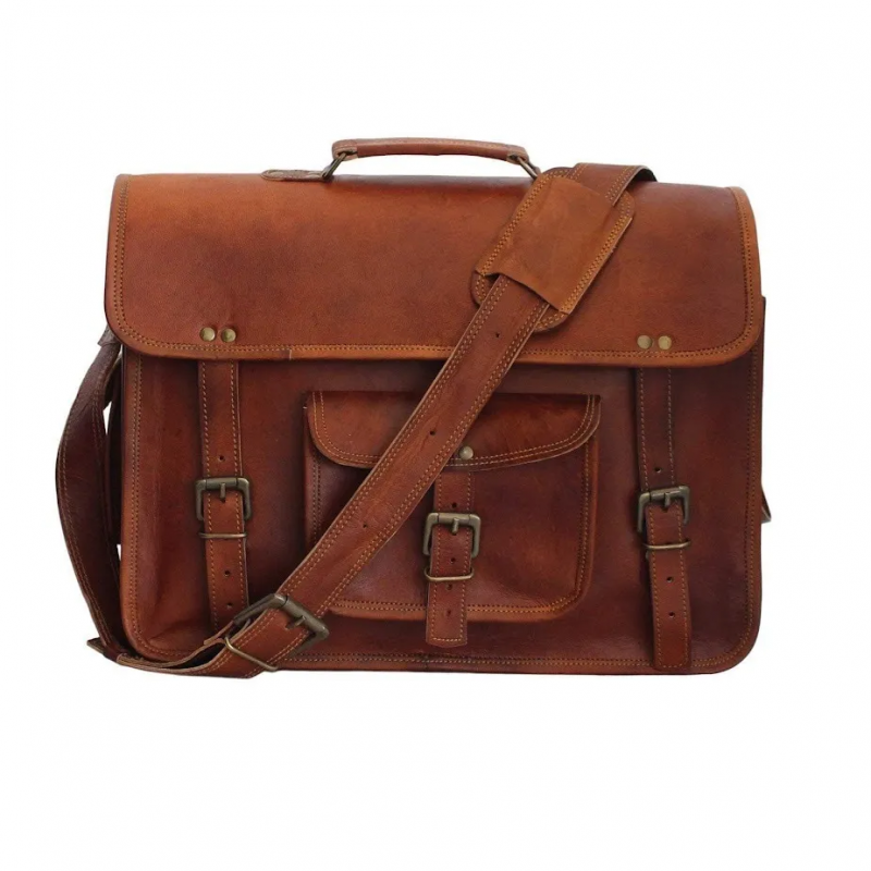 Craftshades –  13 Inch Single Pocket Double Strip Handcrafted Satchel Goat Leather Bag | 100% Genuine Leather