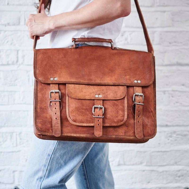 Craftshades –  13 Inch Single Pocket Double Strip Handcrafted Satchel Goat Leather Bag | 100% Genuine Leather - Image 2
