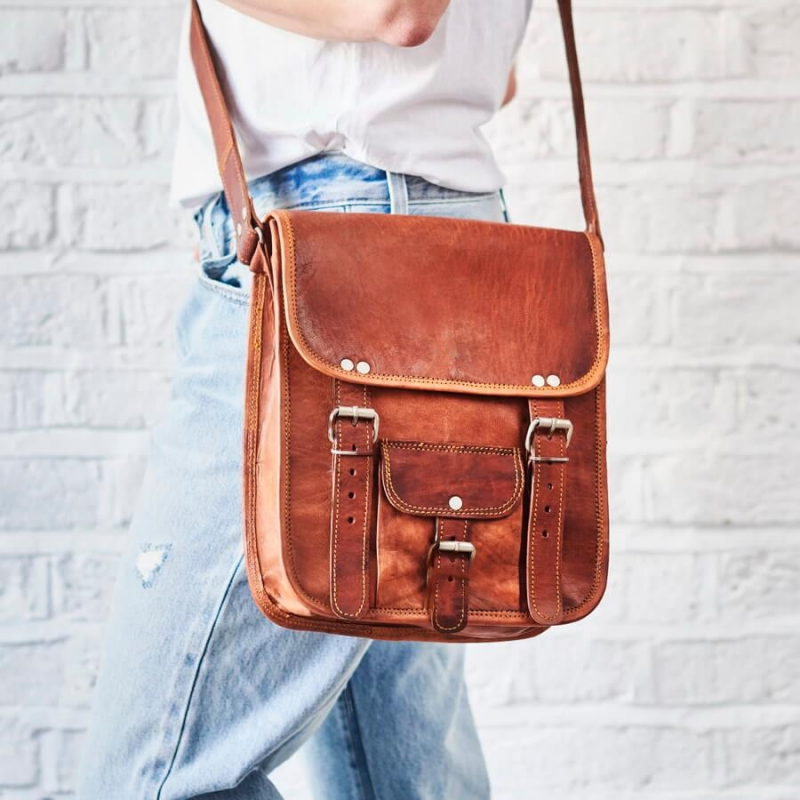 Craftshades –Single Pocket Double Strip 9*11 Inch Handcrafted Satchel Leather Bag | 100% Genuine Leather - Image 2