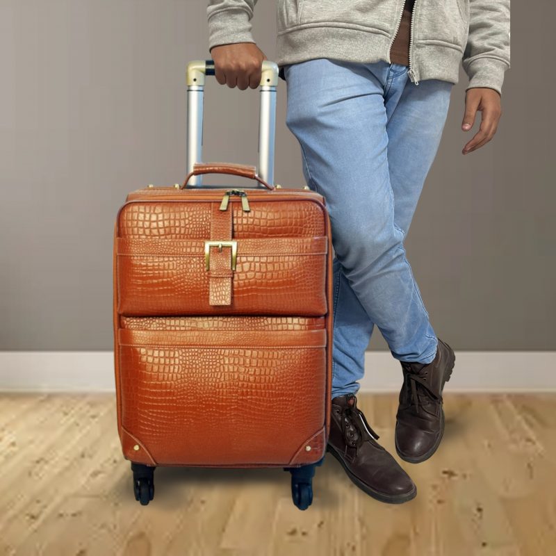 Leather Trolley Travel Bag Weekender Overnight Light Brown Leather Bag With Four Wheels Leather Cabin - Image 2