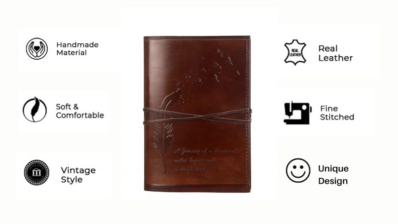 CraftShades - Refillable Leather Diary - Feather with Birds, Leaf of Tree Embossed with Quote 125 GSM Plain 200 Papers Notepad for Men and Women - Size 6 x 8.5 Inch (Leaf Embossed) - Image 4