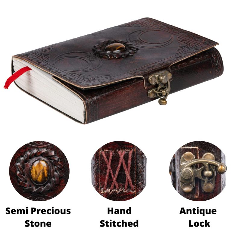 CraftShades - Leather Diary for Men & Women with Semi Precious Stone & Antique Buckle Lock, 240 Unlined 125 GSM Thick Papers Best for Artist Scrapbook, Drawing, Writing Size 5×7 inch (Brown) - Image 2