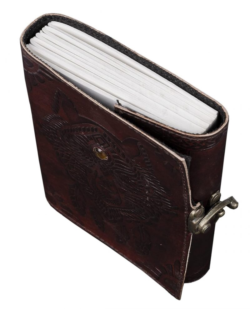 CraftShades- Handmade Leather Diary Embossed with star, journey & double wolf Diary with Antique Lock for Artist Sketchbook, Scrapbook, Drawing, Writing etc .Size 5 * 7 inch (WOLF WITH STONE) - Image 5