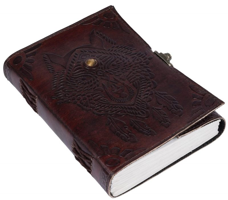 CraftShades- Handmade Leather Diary Embossed with star, journey & double wolf Diary with Antique Lock for Artist Sketchbook, Scrapbook, Drawing, Writing etc .Size 5 * 7 inch (WOLF WITH STONE) - Image 2
