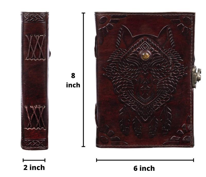 CraftShades- Handmade Leather Diary Embossed with star, journey & double wolf Diary with Antique Lock for Artist Sketchbook, Scrapbook, Drawing, Writing etc .Size 5 * 7 inch (WOLF WITH STONE) - Image 4
