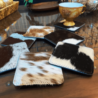 Image for Real Cowhide Coasters Set Western Decor Cow Hide Leather