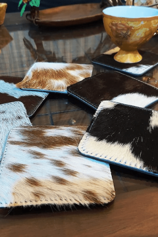 Image for Real Cowhide Coasters Set Western Decor Cow Hide Leather