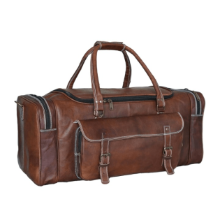 Classic brown leather travel bag with buckle closure pockets and spacious interior