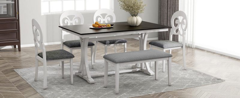 Mid-Century 6-Piece Trestle Dining Set with Victorian Upholstery - Image 2