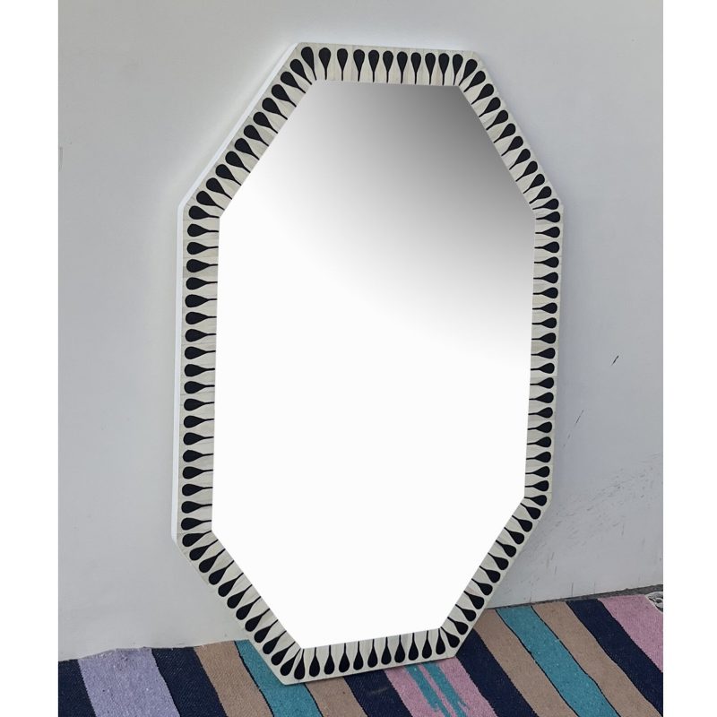 Handmade Bone Inlay Mirror Frame – Floral Design (White & Black) - Image 2