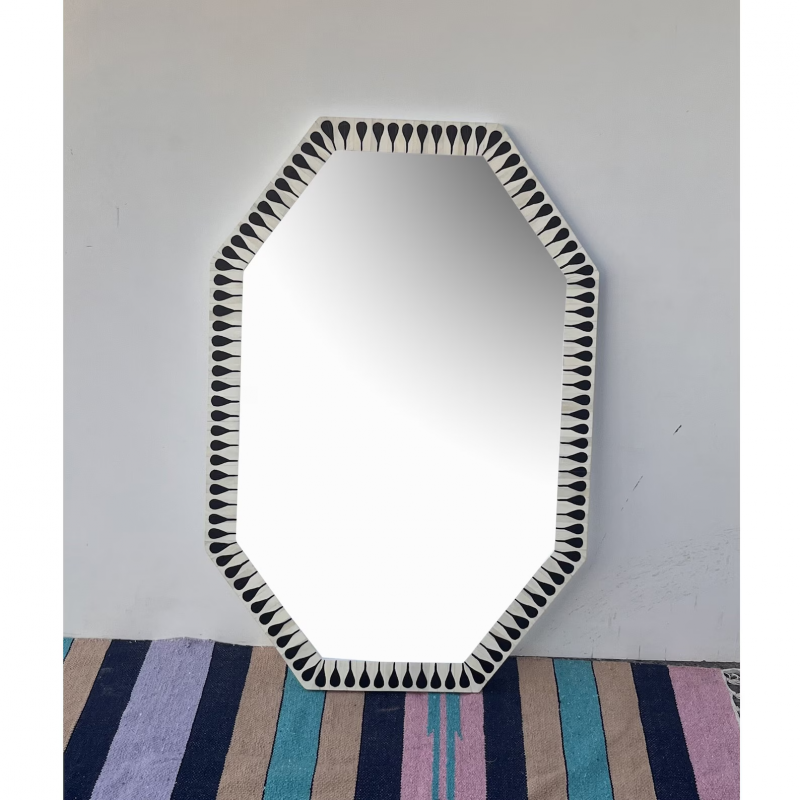 Handmade Bone Inlay Mirror Frame – Floral Design (White & Black)